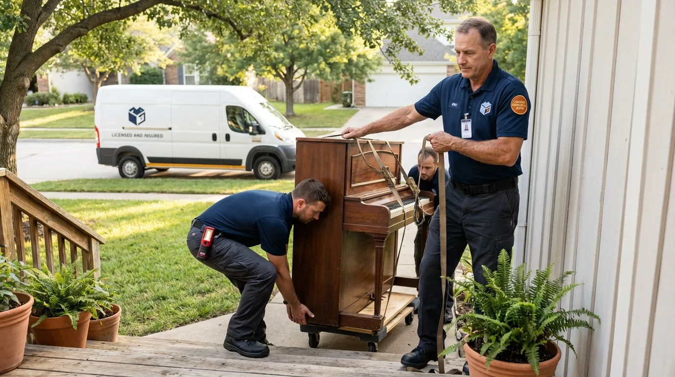 Licensed piano movers securing grand piano in Teaneck, NJ
