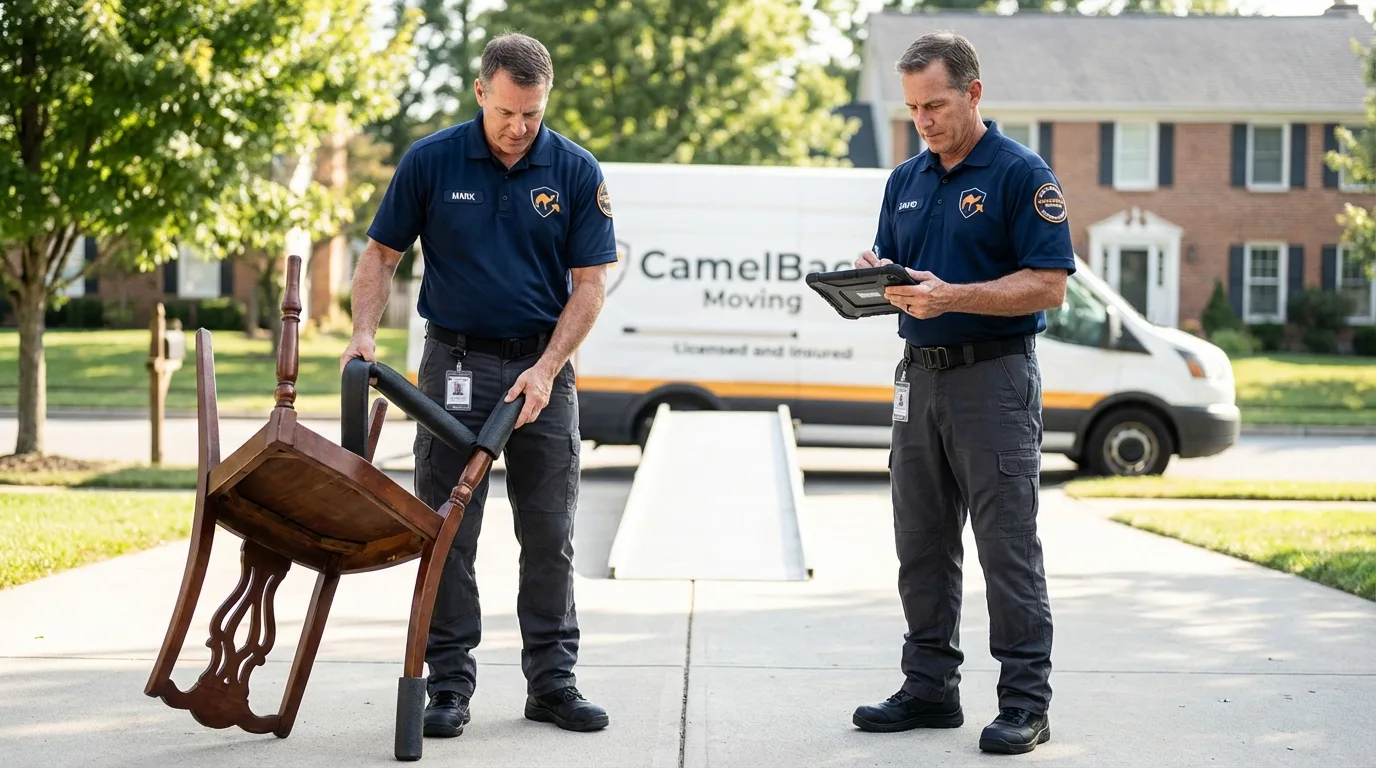 Movers inspecting furniture for damage prevention before loading in Teaneck, NJ