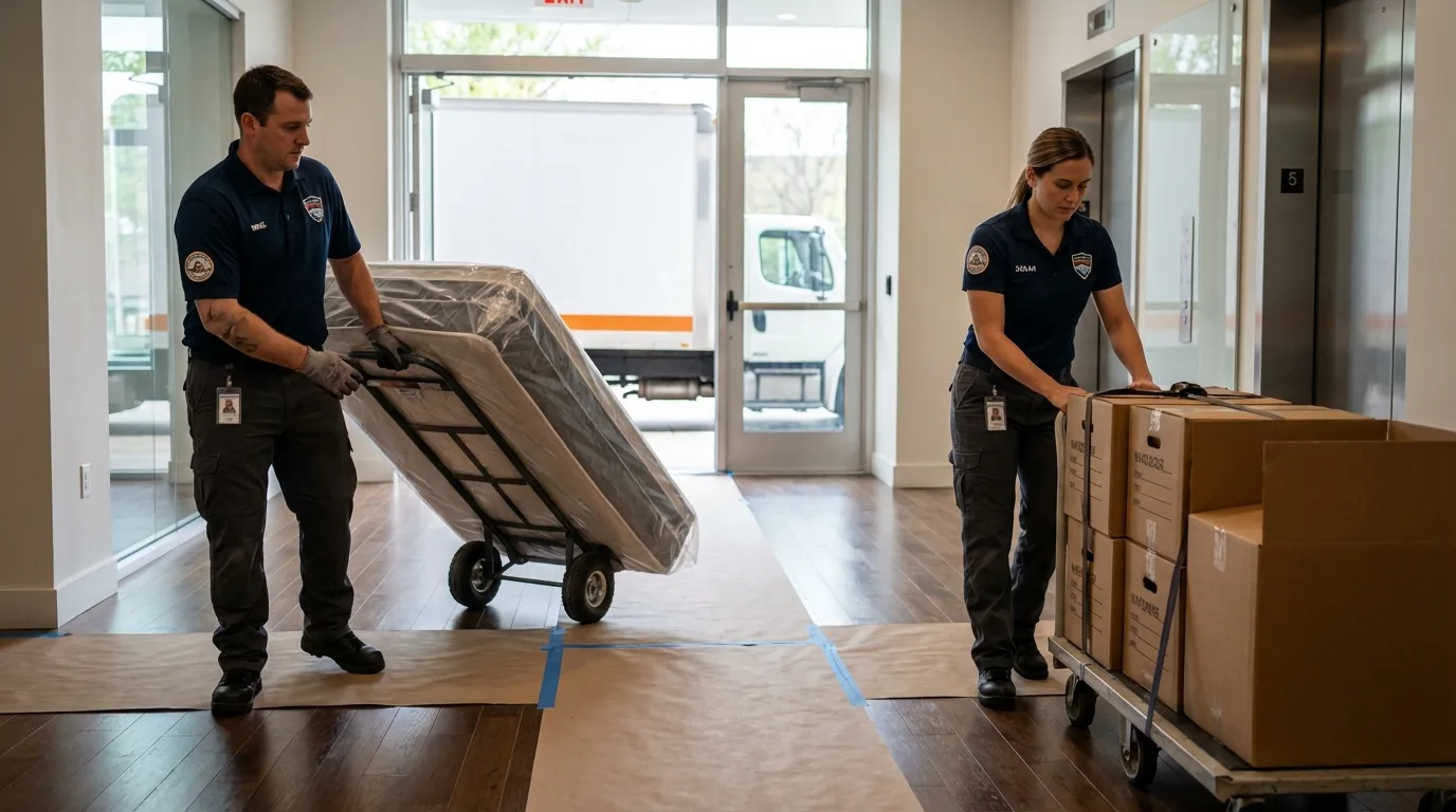 Professional apartment movers loading elevator in Teaneck, NJ